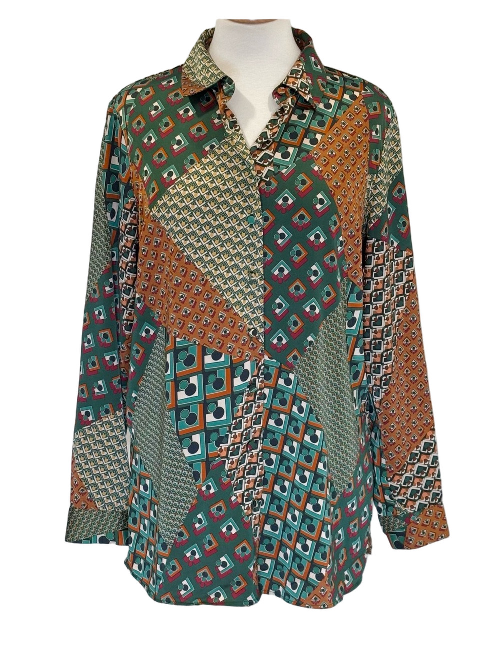 Rachel Roy brown and green motif shirt